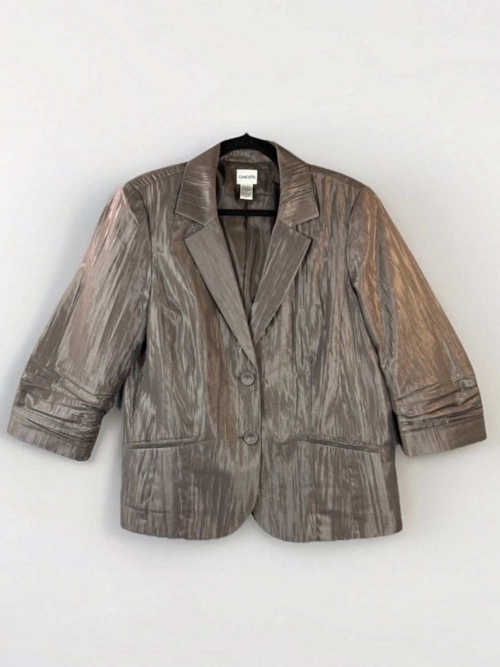 Chico’s Women's Jacket Size 2 Truly Texture Liza 3/4 Sleeve Lined Brown Shimmer